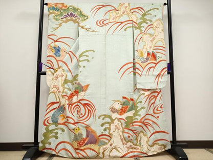平和屋本店■極上　創業130年　江戸染繍友禅　大彦　振袖　駒刺繍　浜松鴛鴦文　金彩　白緑色地　逸品　CYAA2778s5