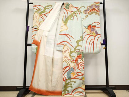 平和屋本店■極上　創業130年　江戸染繍友禅　大彦　振袖　駒刺繍　浜松鴛鴦文　金彩　白緑色地　逸品　CYAA2778s5