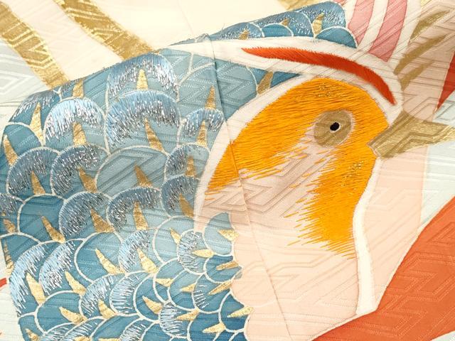 平和屋本店■極上　創業130年　江戸染繍友禅　大彦　振袖　駒刺繍　浜松鴛鴦文　金彩　白緑色地　逸品　CYAA2778s5