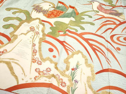 平和屋本店■極上　創業130年　江戸染繍友禅　大彦　振袖　駒刺繍　浜松鴛鴦文　金彩　白緑色地　逸品　CYAA2778s5