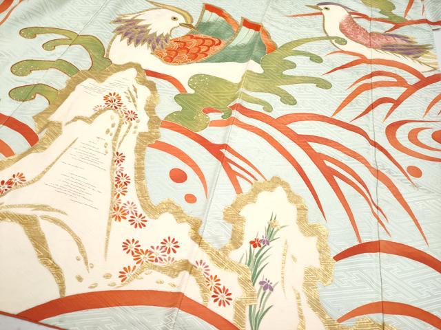 平和屋本店■極上　創業130年　江戸染繍友禅　大彦　振袖　駒刺繍　浜松鴛鴦文　金彩　白緑色地　逸品　CYAA2778s5