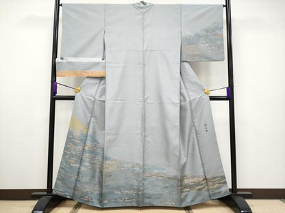 平和屋本店●極上　七代目　冨家伊兵衛　とみや織物　訪問着　お召地　クロード・モネ　睡蓮　反端付き　銀鼠色地　逸品　CYAA2832s5