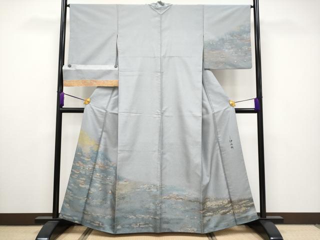 平和屋本店●極上　七代目　冨家伊兵衛　とみや織物　訪問着　お召地　クロード・モネ　睡蓮　反端付き　銀鼠色地　逸品　CYAA2832s5