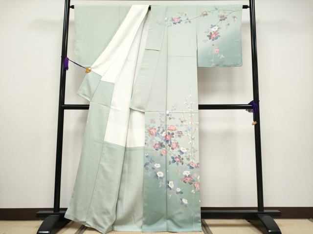 平和屋着物●極上 訪問着 友禅 作家物 枝椿 暈し染め 柳鼠色地 逸品 未使用 CYAA2837s5