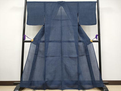 平和屋着物＊極上　夏物　本場小千谷ちぢみ　縞　濃紺地　麻　証紙付き　逸品　CYAA5070s6
