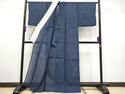 平和屋着物＊極上　夏物　本場小千谷ちぢみ　縞　濃紺地　麻　証紙付き　逸品　CYAA5070s6