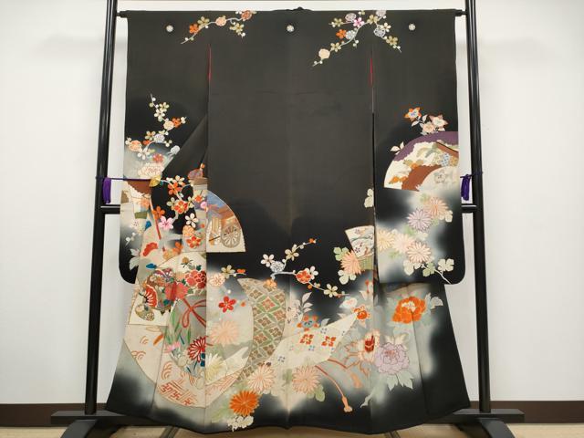平和屋着物■極上　アンティーク　大正ロマン　振袖　駒刺繍　地紙貝桶草花文　暈し染め　黒地　金糸　逸品　CYAA2881s5