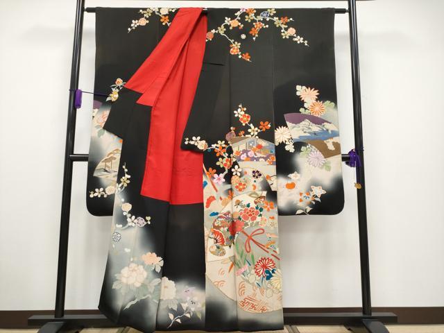 平和屋着物■極上　アンティーク　大正ロマン　振袖　駒刺繍　地紙貝桶草花文　暈し染め　黒地　金糸　逸品　CYAA2881s5