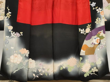 平和屋着物■極上　アンティーク　大正ロマン　振袖　駒刺繍　地紙貝桶草花文　暈し染め　黒地　金糸　逸品　CYAA2881s5