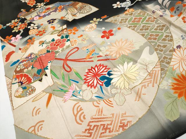 平和屋着物■極上　アンティーク　大正ロマン　振袖　駒刺繍　地紙貝桶草花文　暈し染め　黒地　金糸　逸品　CYAA2881s5