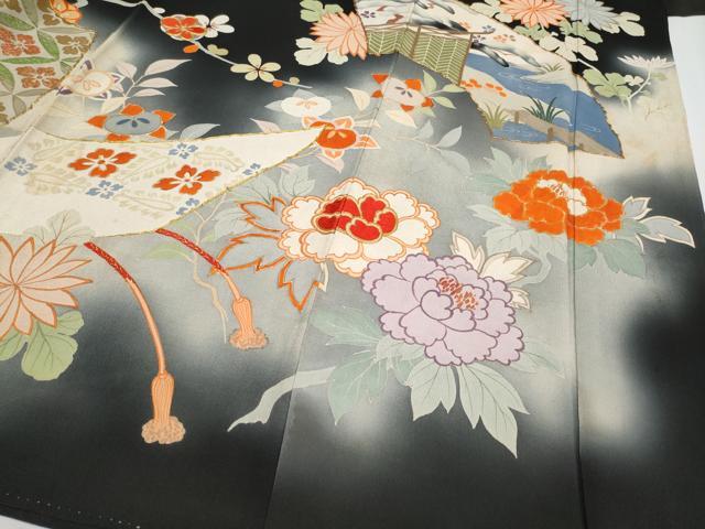 平和屋着物■極上　アンティーク　大正ロマン　振袖　駒刺繍　地紙貝桶草花文　暈し染め　黒地　金糸　逸品　CYAA2881s5