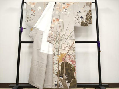 平和屋本店■極上　中井恭三　訪問着　京友禅　刺繍　枝花文　たとう紙付き　金彩　枯野色地　逸品　CYAA2914s5