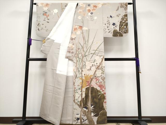 平和屋本店■極上　中井恭三　訪問着　京友禅　刺繍　枝花文　たとう紙付き　金彩　枯野色地　逸品　CYAA2914s5