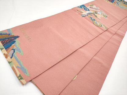 平和屋本店■極上　手織綴れ　山鹿清華　中国三大刺繍　相良刺繍　太鼓柄袋帯　モール　瑞雲鳳凰文　金糸　真赭色　逸品　CYAA2942s5