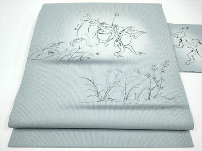 平和屋着物■極上　夏物　九寸名古屋帯　手描き　鳥獣戯画　水色地　逸品　CYAA2973s5