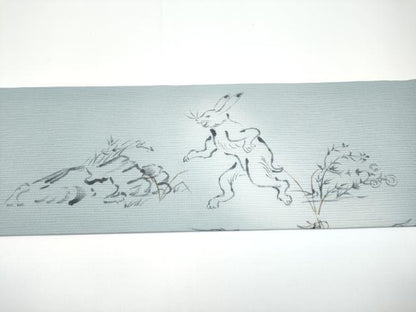 平和屋着物■極上　夏物　九寸名古屋帯　手描き　鳥獣戯画　水色地　逸品　CYAA2973s5