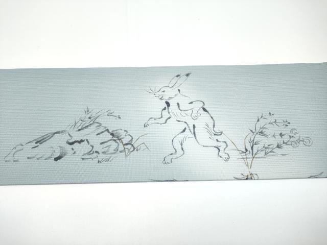 平和屋着物■極上　夏物　九寸名古屋帯　手描き　鳥獣戯画　水色地　逸品　CYAA2973s5