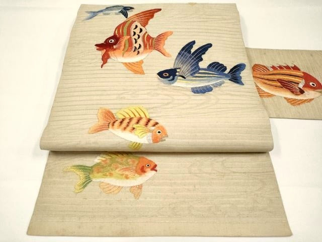 平和屋本店＊極上 夏物 アンティーク 大正ロマン 九寸名古屋帯 総刺繍 魚 金銀糸 逸品 CYAA2977s5