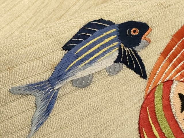 平和屋本店＊極上 夏物 アンティーク 大正ロマン 九寸名古屋帯 総刺繍 魚 金銀糸 逸品 CYAA2977s5