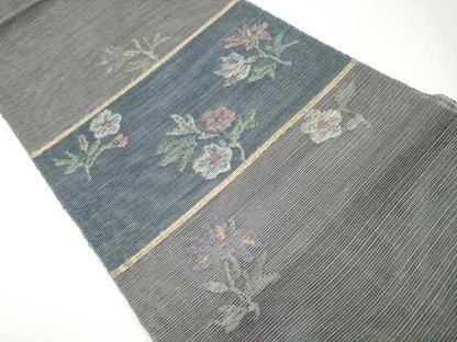 平和屋着物＊極上 夏物 1854年創業 帯屋捨松 八寸名古屋帯 横段草花文 金銀糸 丼鼠色地 逸品 CYAA2979s5