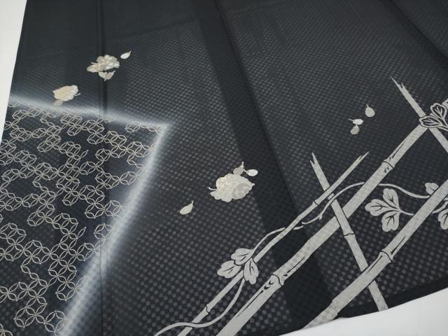 平和屋着物＊極上 夏物 訪問着 市松紋紗 竹垣舞葉文 暈し染め 黒地 金銀彩 逸品 CYAA2996s5