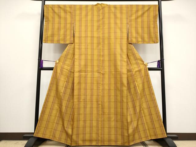 平和屋本店■極上　山下八百子　本場黄八丈　市松綾織　紬　逸品　CYAA3037s5