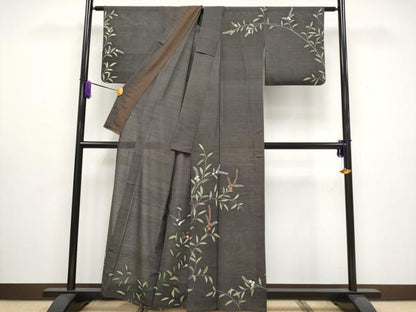 平和屋着物＊極上 夏物 訪問着 絽紬 刺繍 枝花文 檳榔子染色地 逸品 CYAA3039s5