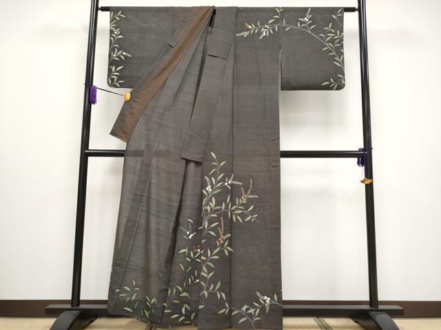 平和屋着物＊極上 夏物 訪問着 絽紬 刺繍 枝花文 檳榔子染色地 逸品 CYAA3039s5