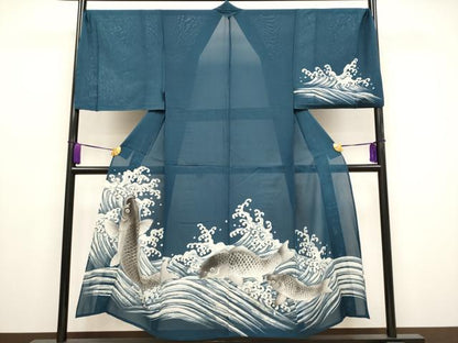 平和屋本店＊極上 夏物 男性 訪問着 キングサイズ 絽 手描き 鯉の滝登り 金彩 褐返色地 逸品 CYAA3041s5