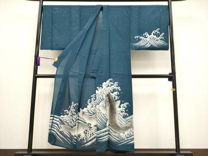 平和屋本店＊極上 夏物 男性 訪問着 キングサイズ 絽 手描き 鯉の滝登り 金彩 褐返色地 逸品 CYAA3041s5