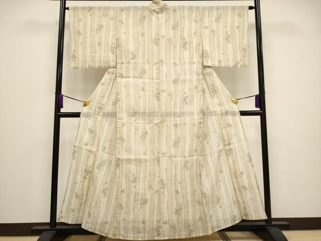 平和屋着物＊極上 夏物 本場小千谷ちぢみ 笹竹文 薄香色地 麻