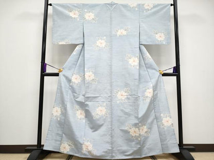 平和屋着物■極上　紬　単衣　舞花文　水色地　逸品　CYAA3066s5