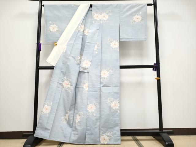 平和屋着物■極上　紬　単衣　舞花文　水色地　逸品　CYAA3066s5
