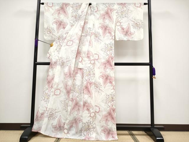 平和屋着物∴極上 夏物 撫松庵 小紋・浴衣兼用 セオアルファ 舞花文 白地 洗える着物 逸品 CYAA3114s5