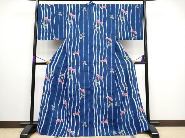 平和屋着物■極上　夏物　世界的ファッションデザイナー　山本寛斎　kansaiブランド　小紋　単衣　金魚　紺青色　洗える着物　CYAA3116s5