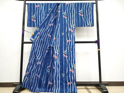 平和屋着物■極上　夏物　世界的ファッションデザイナー　山本寛斎　kansaiブランド　小紋　単衣　金魚　紺青色　洗える着物　CYAA3116s5