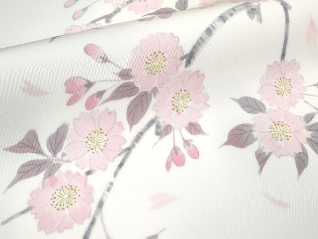 平和屋着物■極上　京都府指定無形文化財 染色作家 小倉建亮の弟子 市瀬史郎　塩瀬　九寸名古屋帯　手描　枝桜　絹鼠色地　逸品 CYAA3164s5