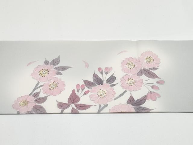 平和屋着物■極上　京都府指定無形文化財 染色作家 小倉建亮の弟子 市瀬史郎　塩瀬　九寸名古屋帯　手描　枝桜　絹鼠色地　逸品 CYAA3164s5