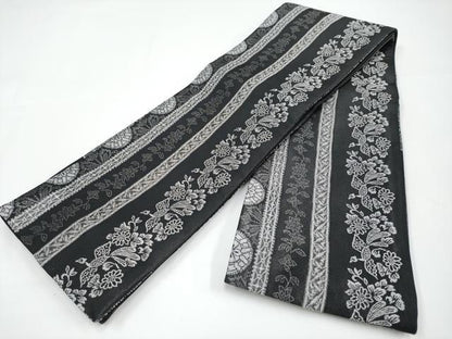 平和屋着物●極上　こむさでもーど・COMME CA DU MODE　両面　半幅帯　花鳥間道　黒地　CYAA3176s5