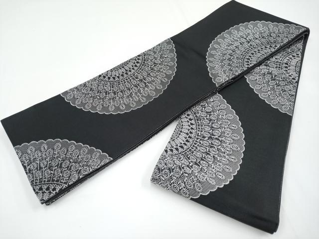 平和屋着物●極上　こむさでもーど・COMME CA DU MODE　両面　半幅帯　花鳥間道　黒地　CYAA3176s5