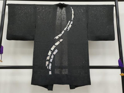 平和屋着物▽極上 スリーシーズン 春夏秋 塵除け 長羽織 花唐草紋紗 黒地 逸品 CYAA3197s5