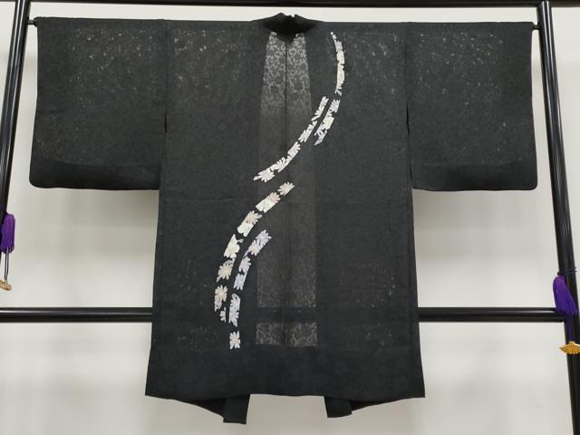 平和屋着物▽極上 スリーシーズン 春夏秋 塵除け 長羽織 花唐草紋紗 黒地 逸品 CYAA3197s5