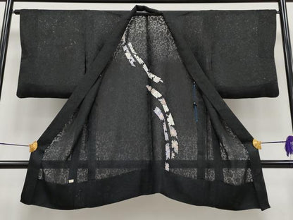 平和屋着物▽極上 スリーシーズン 春夏秋 塵除け 長羽織 花唐草紋紗 黒地 逸品 CYAA3197s5