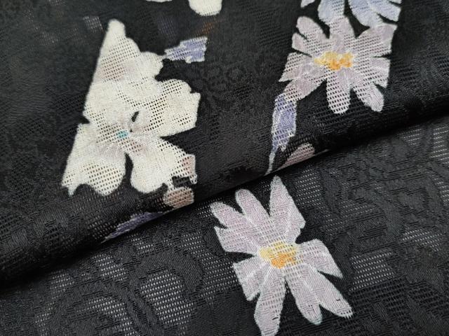 平和屋着物▽極上 スリーシーズン 春夏秋 塵除け 長羽織 花唐草紋紗 黒地 逸品 CYAA3197s5