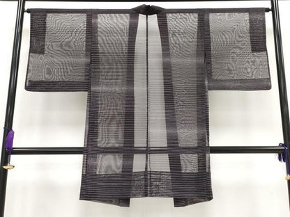 平和屋着物▽極上 BANKANわものや スリーシーズン 春夏秋 塵除け 長羽織 紗 横段文 黒紅色地 逸品 CYAA3202s5