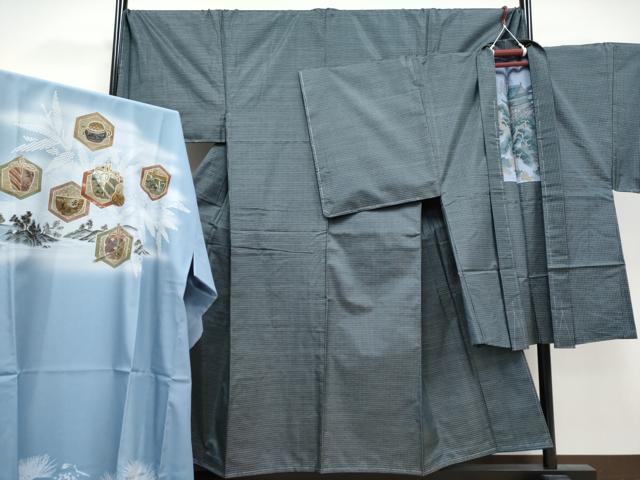 平和屋着物●極上 男性 本場大島紬 アンサンブル・長襦袢セット キングサイズ 格子柄 逸品 未使用 CYAA3230s5