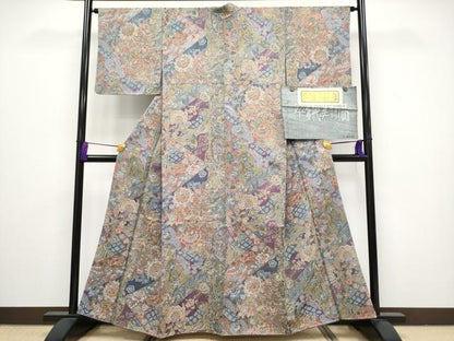 平和屋着物●極上 山岡古都・古都染人 染織美術品 薬墨染 天目織 お召 更紗花文 証紙付き 逸品 未使用 CYAA3232s5