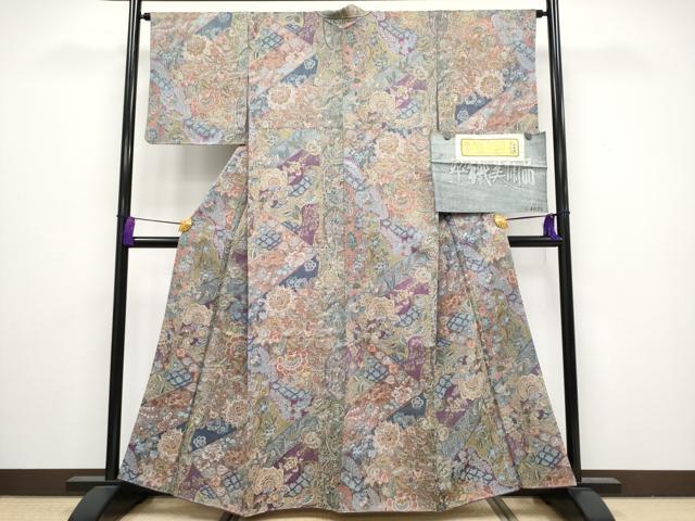 平和屋着物●極上 山岡古都・古都染人 染織美術品 薬墨染 天目織 お召 更紗花文 証紙付き 逸品 未使用 CYAA3232s5