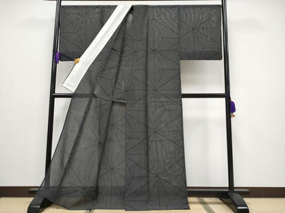 平和屋着物＊極上 夏物 本塩沢 夏塩沢 100亀甲 麻の葉文様 黒地 逸品 CYAA3233s5
