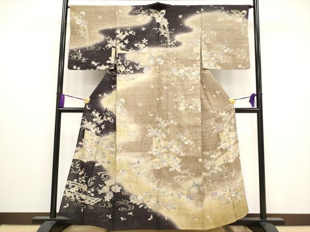 平和屋本店▽極上 染織の名門 しょうざん 生紬 訪問着 単衣 流水草花文 逸品 CYAA3238s5